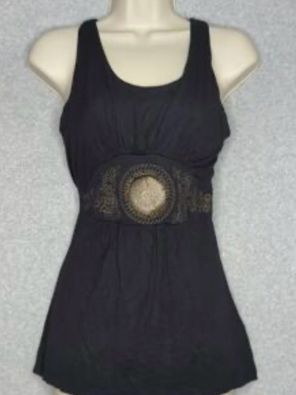 Vertigo Paris Black Tank Top with Gold Embroidered Waist Medallion. Size S